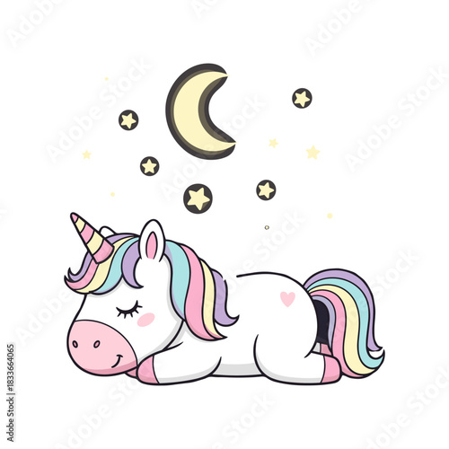 Cute sleeping unicorn with colorful mane and tail dreaming under a crescent moon and stars, isolated on
