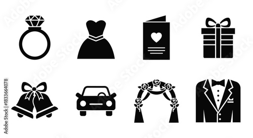 Elegant wedding icons representing love, commitment, and celebration