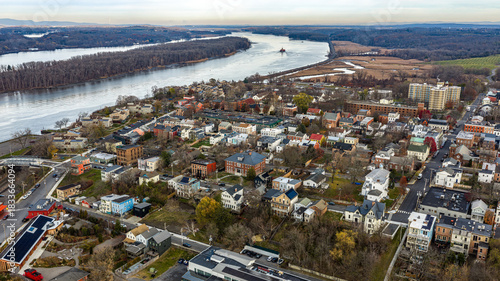 Fototapeta Naklejka Na Ścianę i Meble -  Hudson, NY, USA - November 20, 2025: Aerial view of Hudson, New York along the Hudson River.  