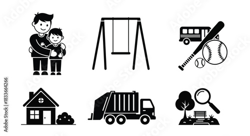 Wholesome icons depict family, park, sports, home, and community services