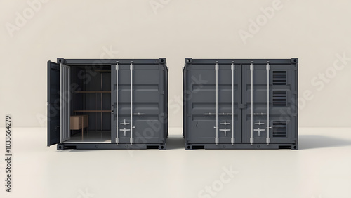 A pair of identical, dark gray shipping containers
