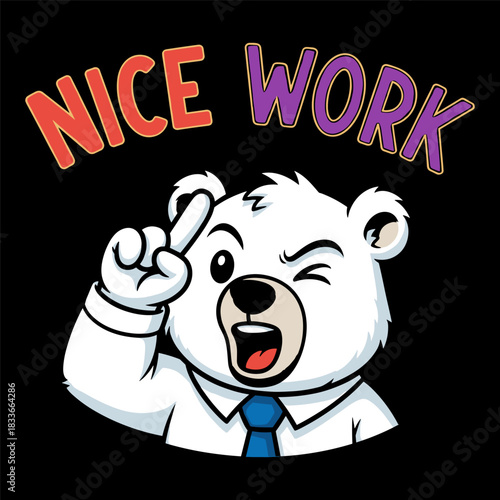 Cute cartoon polar bear in a shirt and tie winking and pointing up with text that says nice work against a for encouragement and praise