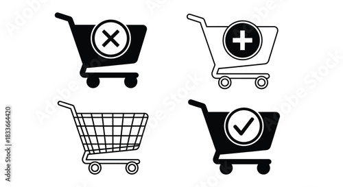 Shopping cart icons representing adding, removing, and selecting items for purchase.
