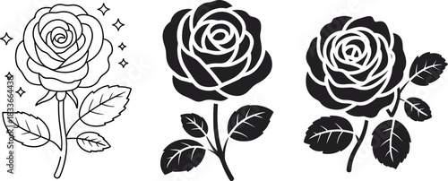 Three beautiful black and white rose illustrations: line art, solid silhouette, and detailed graphic versions for design.