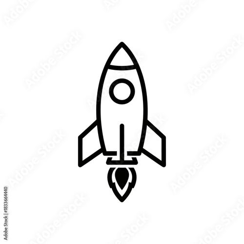 Simple black line art icon of a rocket ship taking off vector template design