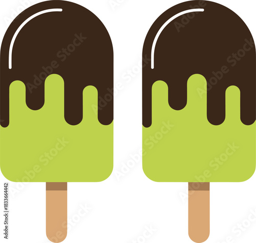 Two green flavored popsicles dipped in melting chocolate coating, perfect vector illustration for summer food and treat designs.