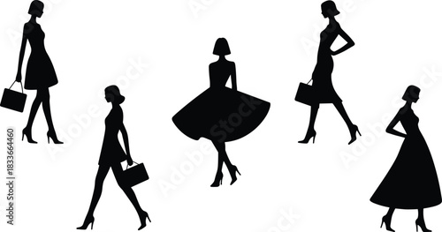 Sixteen female model silhouettes wearing short dresses in various walking and standing poses, perfect for fashion and youth graphics,