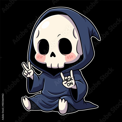 Cute chibi grim reaper character wearing a dark blue hooded cloak sitting down and making peace and rock on hand gestures against a, cartoon illustration