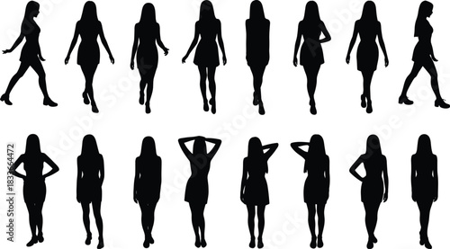 Sixteen female model silhouettes wearing short dresses in various walking and standing poses, perfect for fashion and youth graphics,