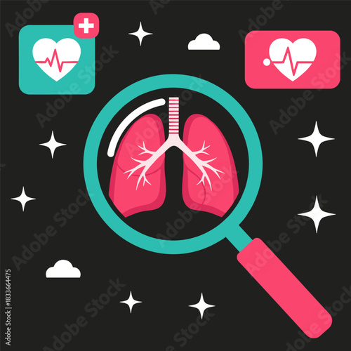 Flat design illustration of human lungs being examined under a magnifying glass, symbolizing respiratory health checkup and medical diagnosis on a dark background