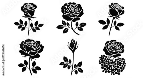 Elegant black rose silhouettes with leaves, showcasing various bloom stages and arrangements