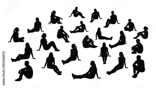 Diverse sitting people silhouettes isolated on white background, Vector