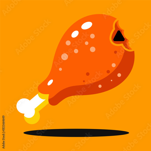 Cartoon illustration of a fried chicken drumstick with a bite taken out, featuring bright orange color and white bone detail against a solid orange background
