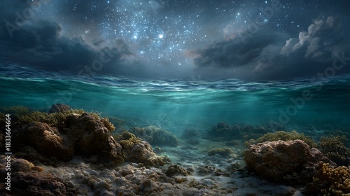 Fototapeta Naklejka Na Ścianę i Meble -  Underwater coral reef beneath a dramatic night sky with stars and stormy clouds
