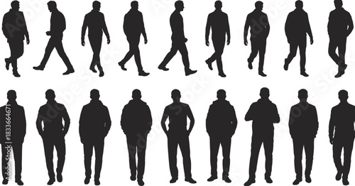 Large set of diverse men silhouettes walking and standing in various casual and professional poses, perfect for crowd and scale.