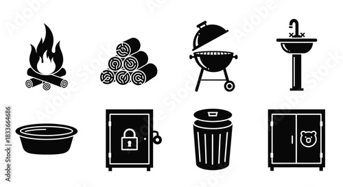 Collection of simple black and white icons representing outdoor and household items