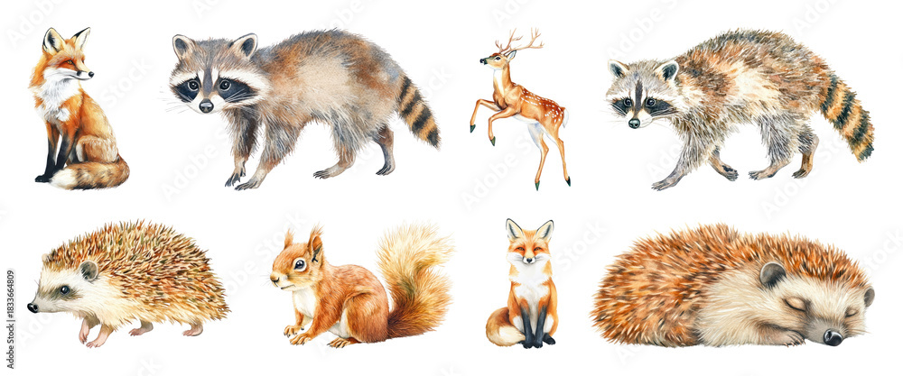 Naklejka premium PNG Cute woodland animal illustrations, element set on transparent background