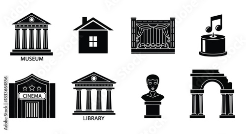 Collection of iconic building silhouettes representing culture and entertainment.
