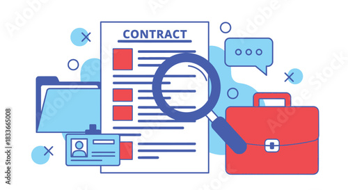 Analyzing a contract with a magnifying glass, symbolizing review and verification for legal or business agreements.