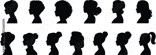 Diverse set of twelve female head silhouettes showcasing various hairstyles, profiles, and beauty and salon vector concepts,