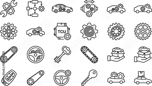 Automotive icons, car repair, gear system, vehicle technology, transmission, engine, mechanical parts, steering, key, maintenance, diagnostics, wrench, crate, control unit, remote