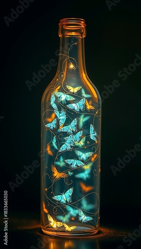 Swarm of luminous blue and orange butterflies trapped inside a transparent glass bottle