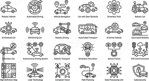 Autonomous vehicle icons, robotic car, AI driving, self-driving technology, lidar, sensor fusion, V2X, computer vision, path planning, cybersecurity, automated mobility, driverless