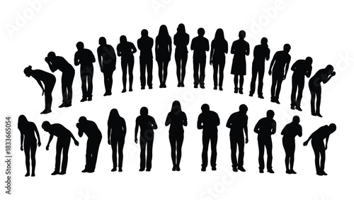 Diverse people bowing and standing silhouettes isolated on white background, Vector