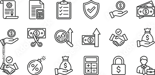 Business icons, finance, contract, money, savings, agreement, checklist, security, analysis, growth, transaction, calculator, risk, protection, investment, audit, dollar, briefcas