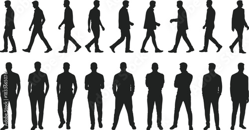 Diverse group of men in business suits walking and standing silhouettes, ideal for corporate, professional, and architectural graphics.