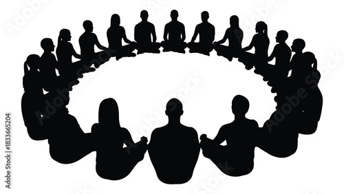 People meditating in a circle silhouette isolated on white background, Vector