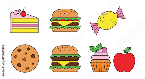 A colorful collection of sweet and savory illustrated treats, including cake, burgers, cookies, and candy.