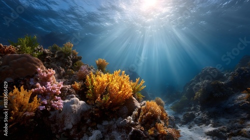 Fototapeta Naklejka Na Ścianę i Meble -  Underwater coral reef illuminated by bright sunbeams piercing the clear blue ocean