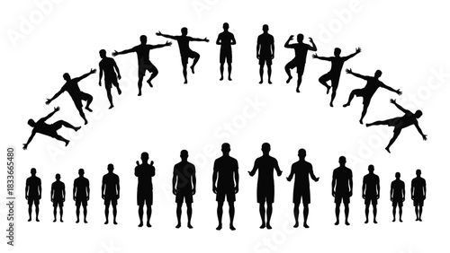 Collection of male silhouettes in dynamic and standing poses isolated on white background, Vector