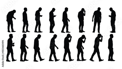 Male silhouettes in various poses and states isolated on white background, Vector