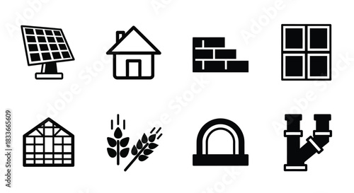 Building and renewable energy icons representing construction, agriculture, and sustainability.