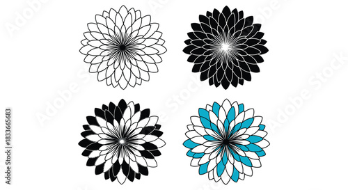 Four stylized floral petal patterns in black, white, and blue