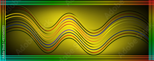 Abstract colorful neon wave gradient with line glowing on dark background. Futuristic creative shine backdrop. 3d render. Curved fantastic blend wavy lines geometric equalizer. Vector illustration.