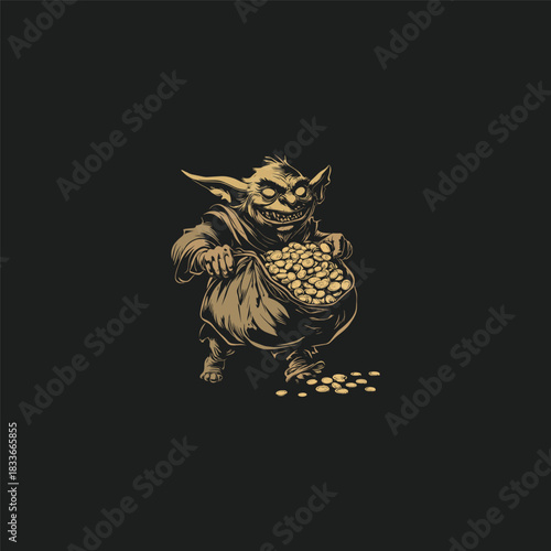 Intense, monochrome illustration of a grinning goblin or imp holding a large sack overflowing with gold coins