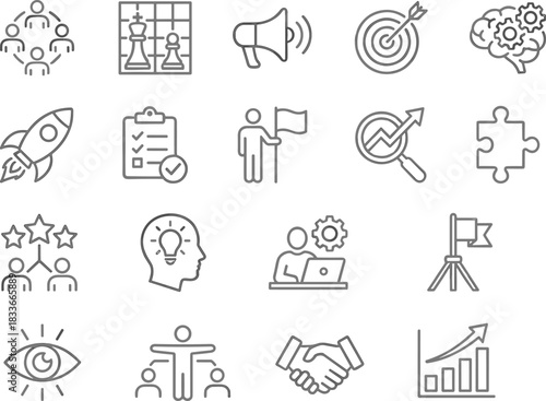 Business icons, strategy, teamwork, productivity, planning, leadership, innovation, goal setting, analysis, growth, creativity, communication, success, partnership, organization