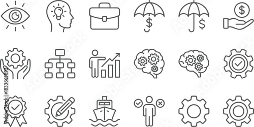 Business icons, strategy, management, productivity, innovation, finance, logistics, teamwork, decision-making, certification, planning, gear, brain, umbrella, dollar, support, growth, 