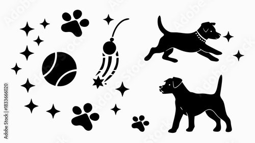 Playful dog silhouettes with tennis ball and shooting star, perfect for pet lovers and animal themed designs, originally created as scalable vector art