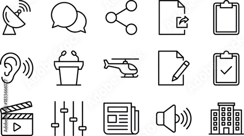 Communication icons, media tools, administrative symbols, satellite dish, speech bubble, document, clipboard, podium, newspaper, audio mixer, clapperboard