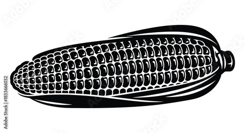 A striking black and white illustration of a detailed corn cob beautifully rendered as a silhouette