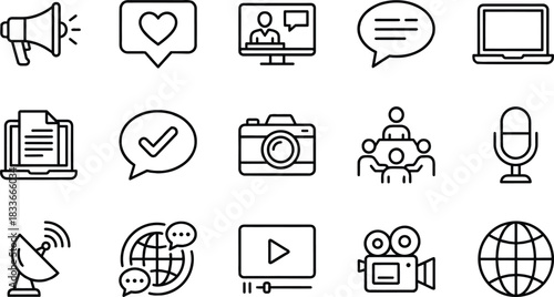 Communication icons, media symbols, digital interaction, broadcasting tools, video call, global chat, satellite dish, microphone, laptop, speech bubble, megaphone, camera, video player, 