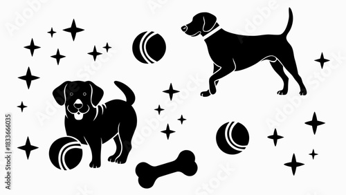 Adorable playful dogs, bone, balls, and stars creating a fun, whimsical design for kids products or pet-themed projects, perfect for logo design
