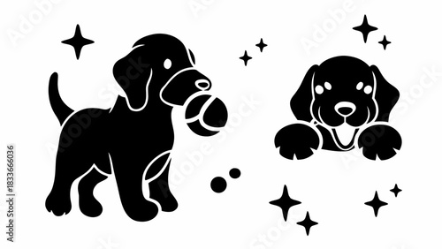 Adorable puppy playing fetch, sparkling stars add magic, playful canine peeking over edge, ideal for pet lovers, children designs, and heartwarming projects