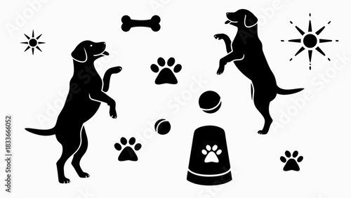 Delightful dogs playing fetch with a bone and ball, perfect for pet lovers and playful designs, originally created as scalable vector art