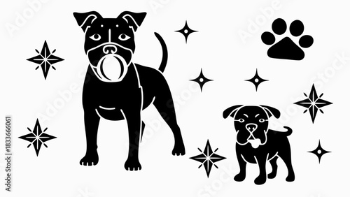 Charming canine duo: Adult dog with ball and playful pup, paw print and stars create a whimsical animal-themed design, showcasing family pets love