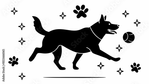 Playful dog chasing a ball with joy and enthusiasm, a modern design conveying happiness and energy perfect for pet-related branding and children's products